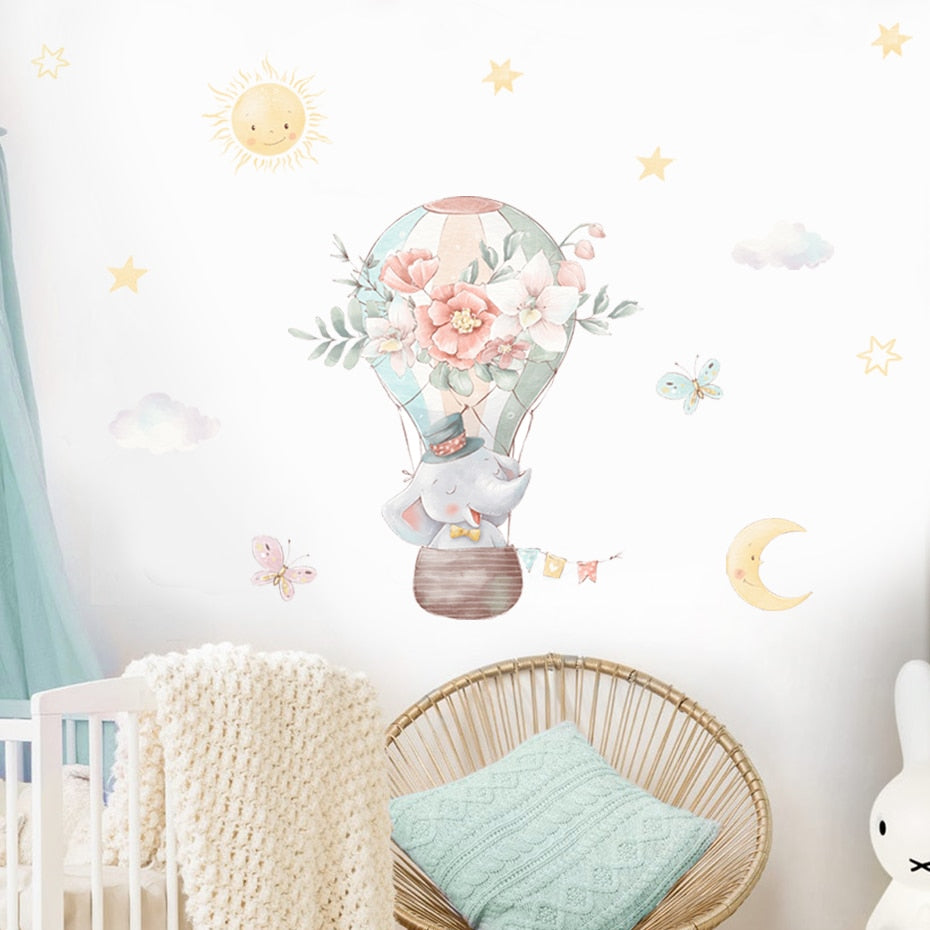 Elephants & Floral Hot Air Balloon Wall Decal