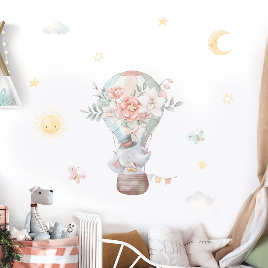 Elephants & Floral Hot Air Balloon Wall Decal