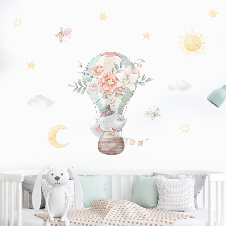 Elephants & Floral Hot Air Balloon Wall Decal