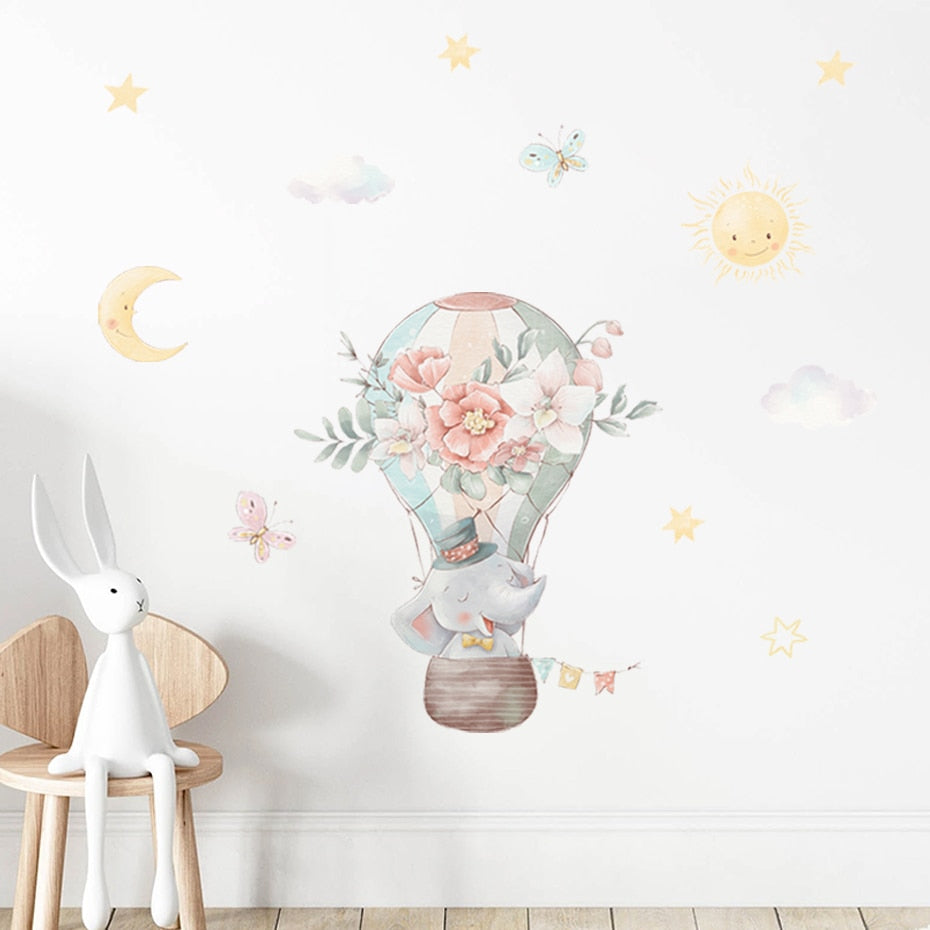 Elephants & Floral Hot Air Balloon Wall Decal